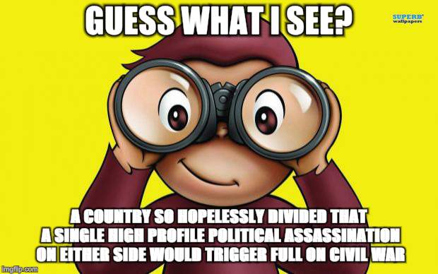 We're giving terrorists to many options | GUESS WHAT I SEE? A COUNTRY SO HOPELESSLY DIVIDED THAT A SINGLE HIGH PROFILE POLITICAL ASSASSINATION ON EITHER SIDE WOULD TRIGGER FULL ON CIVIL WAR | image tagged in curious george,civil war,division,terrorists,politics,hate | made w/ Imgflip meme maker