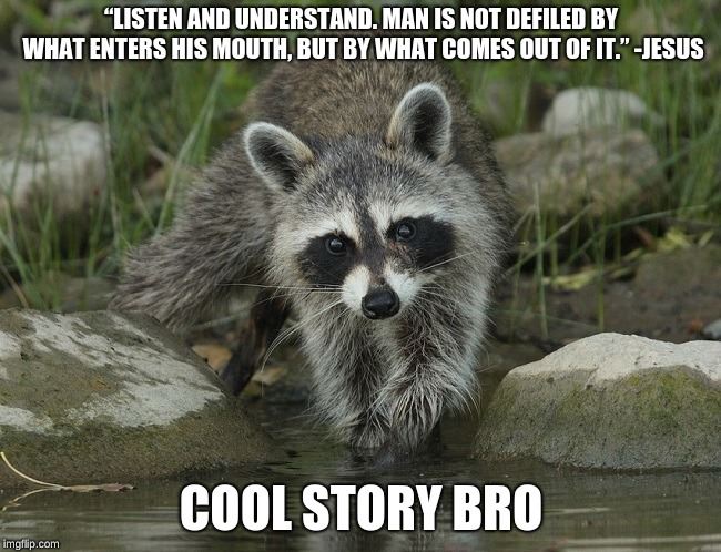 “LISTEN AND UNDERSTAND. MAN IS NOT DEFILED BY WHAT ENTERS HIS MOUTH, BUT BY WHAT COMES OUT OF IT.” -JESUS; COOL STORY BRO | image tagged in dirty hands | made w/ Imgflip meme maker