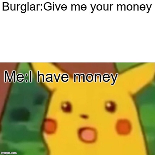 Surprised Pikachu | Burglar:Give me your money; Me:I have money | image tagged in memes,surprised pikachu | made w/ Imgflip meme maker