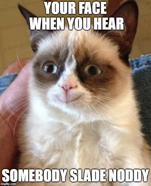 Grumpy Cat Happy Meme | YOUR FACE WHEN YOU HEAR SOMEBODY SLADE NODDY | image tagged in memes,grumpy cat happy,grumpy cat | made w/ Imgflip meme maker