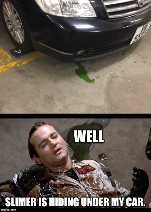 Something strange is going on... | WELL; SLIMER IS HIDING UNDER MY CAR. | image tagged in ghostbusters,car,slime,hide,well | made w/ Imgflip meme maker