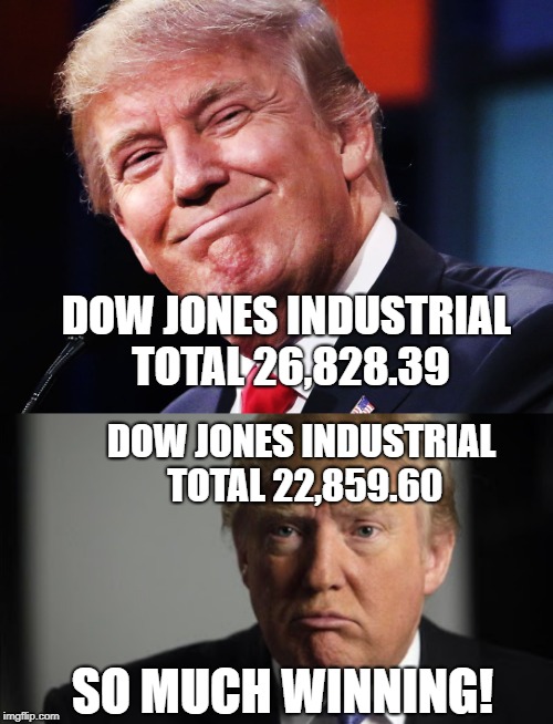 DOW JONES INDUSTRIAL TOTAL 26,828.39; DOW JONES INDUSTRIAL TOTAL 22,859.60; SO MUCH WINNING! | image tagged in donald trump happy | made w/ Imgflip meme maker