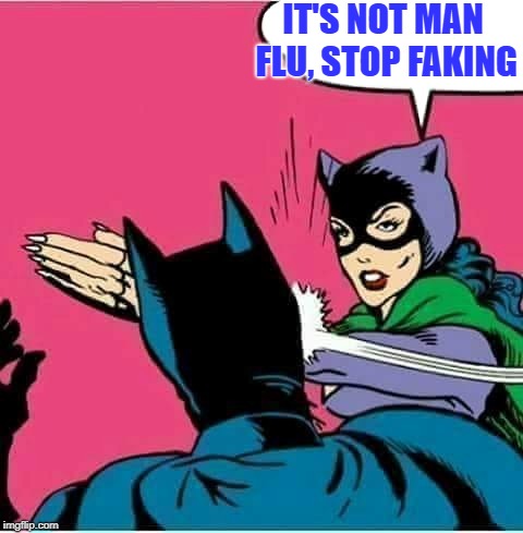 Catwoman Slaps Batman | IT'S NOT MAN FLU, STOP FAKING | image tagged in catwoman slaps batman | made w/ Imgflip meme maker