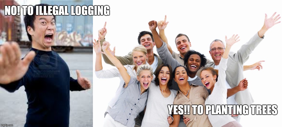 NO! TO ILLEGAL LOGGING; YES!! TO PLANTING TREES | image tagged in memes,angry asian,happy people | made w/ Imgflip meme maker