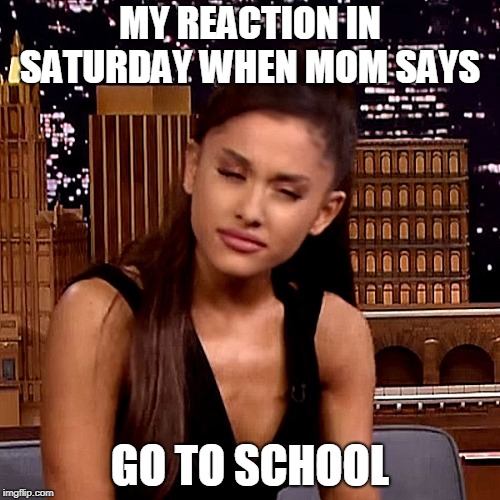 Ariana Grande | MY REACTION IN SATURDAY WHEN MOM SAYS; GO TO SCHOOL | image tagged in ariana grande | made w/ Imgflip meme maker