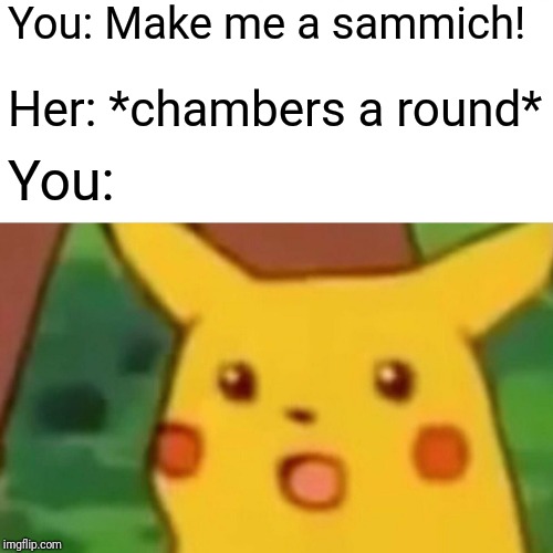 Originally a meme comment... | You: Make me a sammich! Her: *chambers a round*; You: | image tagged in memes,surprised pikachu,sammich,make me a sandwich,guns | made w/ Imgflip meme maker