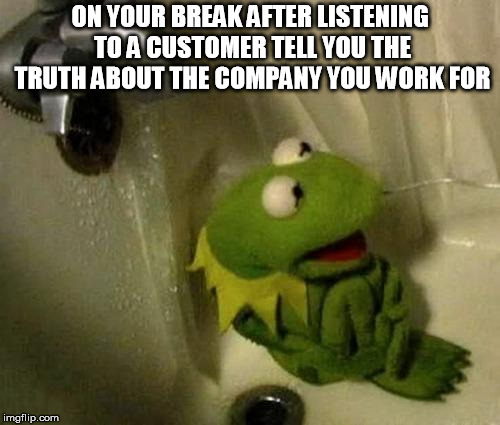 Kermit on Shower | ON YOUR BREAK AFTER LISTENING TO A CUSTOMER TELL YOU THE TRUTH ABOUT THE COMPANY YOU WORK FOR | image tagged in kermit on shower | made w/ Imgflip meme maker