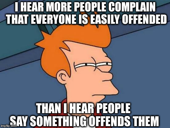 Maybe it's less of a problem than we're made to believe? | I HEAR MORE PEOPLE COMPLAIN THAT EVERYONE IS EASILY OFFENDED; THAN I HEAR PEOPLE SAY SOMETHING OFFENDS THEM | image tagged in memes,futurama fry,humor,offended,fake problem | made w/ Imgflip meme maker