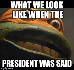 teen age mutant ninja turtle | WHAT WE LOOK LIKE WHEN THE; PRESIDENT WAS SAID | image tagged in teen age mutant ninja turtle | made w/ Imgflip meme maker