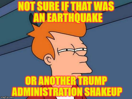 MD 20/20 | NOT SURE IF THAT WAS        AN EARTHQUAKE; OR ANOTHER TRUMP ADMINISTRATION SHAKEUP | image tagged in memes,futurama fry,donald trump,mad dog mattis,earthquake,not sure if | made w/ Imgflip meme maker