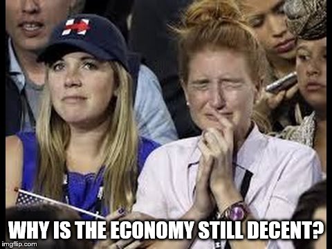 Crying liberals  | WHY IS THE ECONOMY STILL DECENT? | image tagged in crying liberals | made w/ Imgflip meme maker
