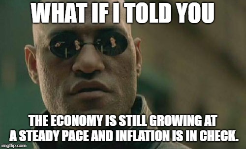 Matrix Morpheus Meme | WHAT IF I TOLD YOU THE ECONOMY IS STILL GROWING AT A STEADY PACE AND INFLATION IS IN CHECK. | image tagged in memes,matrix morpheus | made w/ Imgflip meme maker