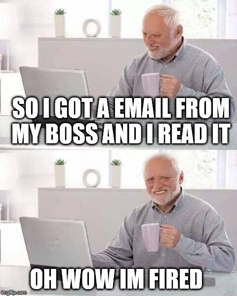 Hide the Pain Harold Meme | SO I GOT A EMAIL FROM MY BOSS AND I READ IT; OH WOW IM FIRED | image tagged in memes,hide the pain harold | made w/ Imgflip meme maker