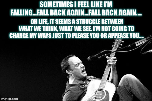DMB Seek Up | SOMETIMES I FEEL LIKE I’M FALLING…FALL BACK AGAIN…FALL BACK AGAIN…. OH LIFE, IT SEEMS A STRUGGLE BETWEEN WHAT WE THINK, WHAT WE SEE. I’M NOT GOING TO CHANGE MY WAYS JUST TO PLEASE YOU OR APPEASE YOU…. | image tagged in dmb,dave,dave matthews,dave matthews band,seek up | made w/ Imgflip meme maker