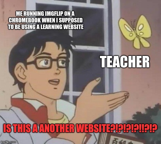 Is This A Pigeon | ME RUNNING IMGFLIP ON A CHROMEBOOK WHEN I SUPPOSED TO BE USING A LEARNING WEBSITE; TEACHER; IS THIS A ANOTHER WEBSITE?!?!?!?!!?!? | image tagged in memes,is this a pigeon | made w/ Imgflip meme maker
