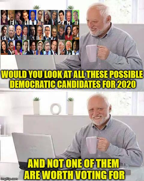 Hide the Pain Harold | WOULD YOU LOOK AT ALL THESE POSSIBLE     DEMOCRATIC CANDIDATES FOR 2020; AND NOT ONE OF THEM ARE WORTH VOTING FOR | image tagged in memes,hide the pain harold,2020 elections,democrat,candidates,just say no | made w/ Imgflip meme maker