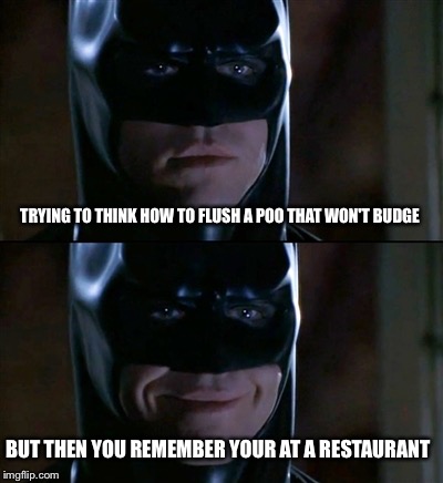 Smash or pass on a whole new level | TRYING TO THINK HOW TO FLUSH A POO THAT WON'T BUDGE; BUT THEN YOU REMEMBER YOUR AT A RESTAURANT | image tagged in memes,batman smiles | made w/ Imgflip meme maker