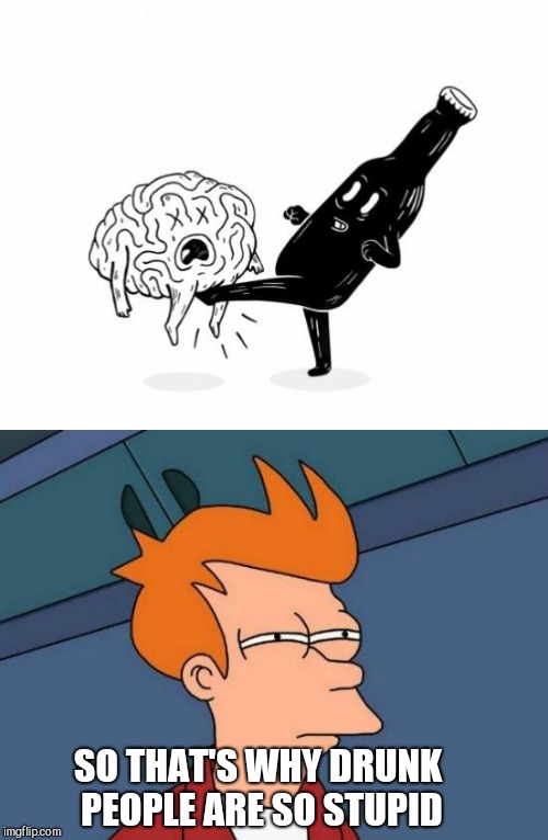 Brain vs alcohol | SO THAT'S WHY DRUNK PEOPLE ARE SO STUPID | image tagged in memes,futurama fry,beer kicking brain,drunk | made w/ Imgflip meme maker