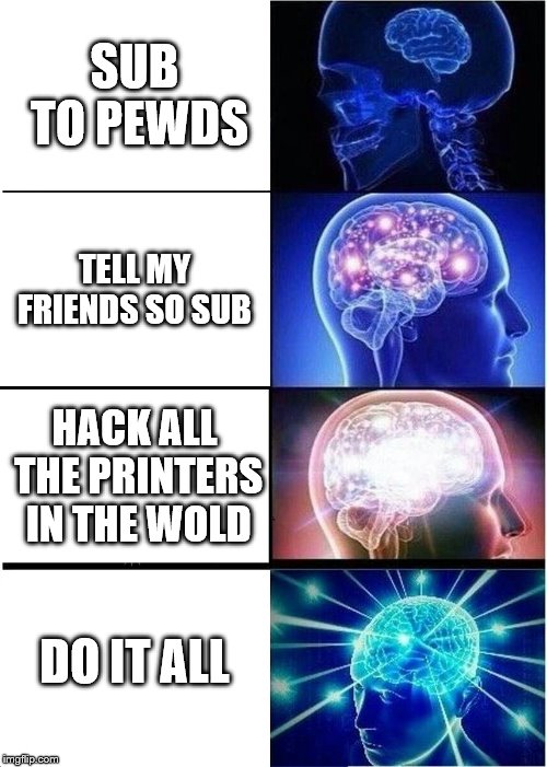 Expanding Brain Meme | SUB TO PEWDS; TELL MY FRIENDS SO SUB; HACK ALL THE PRINTERS IN THE WOLD; DO IT ALL | image tagged in memes,expanding brain | made w/ Imgflip meme maker