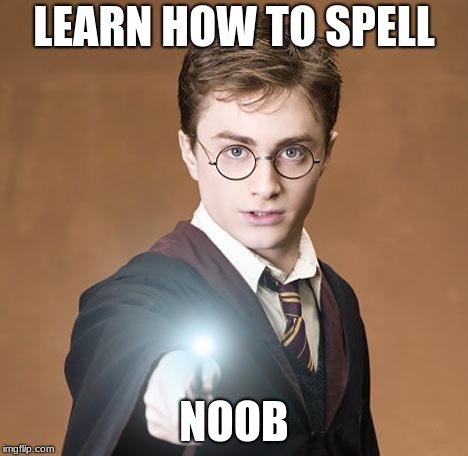 harry potter casting a spell | LEARN HOW TO SPELL NOOB | image tagged in harry potter casting a spell | made w/ Imgflip meme maker