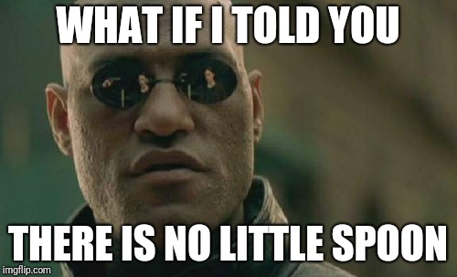 Matrix Morpheus | WHAT IF I TOLD YOU; THERE IS NO LITTLE SPOON | image tagged in memes,matrix morpheus | made w/ Imgflip meme maker