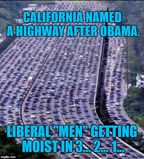 The Highway to Hell. Which is appropriate, he's AC/DC (flips both ways). And of course it heads into L.A, which is Hell. | CALIFORNIA NAMED A HIGHWAY AFTER OBAMA. LIBERAL "MEN" GETTING MOIST IN 3... 2... 1... | image tagged in highway | made w/ Imgflip meme maker