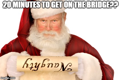 Santa Naughty List | 20 MINUTES TO GET ON THE BRIDGE?? | image tagged in santa naughty list | made w/ Imgflip meme maker