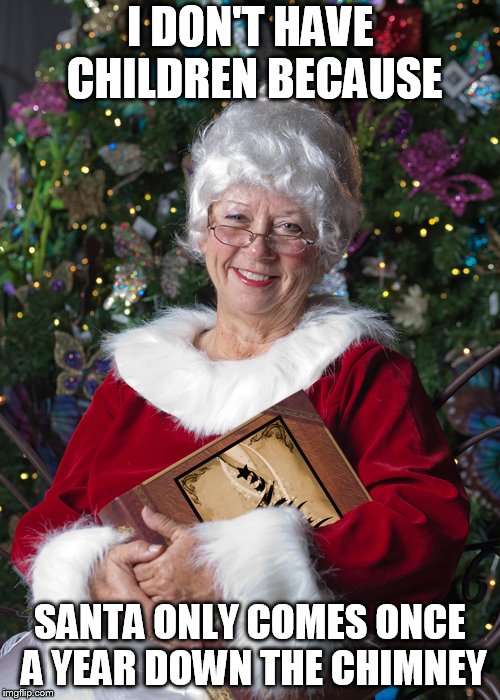 Mrs. Claus | I DON'T HAVE CHILDREN BECAUSE; SANTA ONLY COMES ONCE A YEAR DOWN THE CHIMNEY | image tagged in mrs claus | made w/ Imgflip meme maker