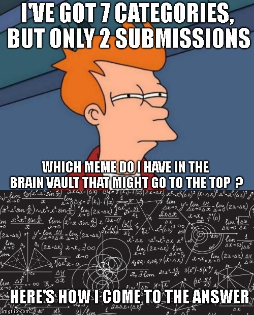 I "Might Be" Overthinking It. | I'VE GOT 7 CATEGORIES, BUT ONLY 2 SUBMISSIONS; WHICH MEME DO I HAVE IN THE BRAIN VAULT THAT MIGHT GO TO THE TOP  ? HERE'S HOW I COME TO THE ANSWER | image tagged in memes,futurama fry,meme submission,7 categories,2 submissions | made w/ Imgflip meme maker