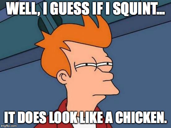 Futurama Fry Meme | WELL, I GUESS IF I SQUINT... IT DOES LOOK LIKE A CHICKEN. | image tagged in memes,futurama fry | made w/ Imgflip meme maker