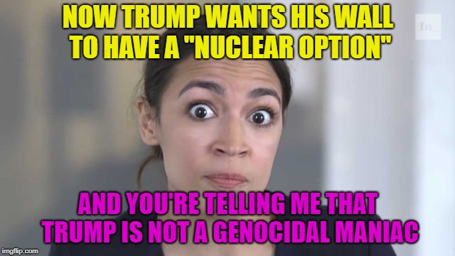 Just Waiting For This Tweet From OAC | NOW TRUMP WANTS HIS WALL TO HAVE A "NUCLEAR OPTION"; AND YOU'RE TELLING ME THAT TRUMP IS NOT A GENOCIDAL MANIAC | image tagged in crazy alexandria ocasio-cortez,funny memes,political meme,sarcasm,special kind of stupid | made w/ Imgflip meme maker