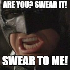 ARE YOU? SWEAR IT! SWEAR TO ME! | image tagged in swear to me batman | made w/ Imgflip meme maker