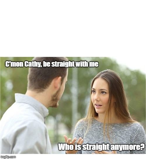 Some Still Are, But We're A Dying Breed | C'mon Cathy, be straight with me; Who is straight anymore? | image tagged in couple talking,sexual preference,bisexuality,memes | made w/ Imgflip meme maker