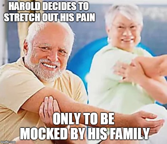 Stretch Out the Pain Harold | HAROLD DECIDES TO STRETCH OUT HIS PAIN; ONLY TO BE MOCKED BY HIS FAMILY | image tagged in hide the pain harold | made w/ Imgflip meme maker