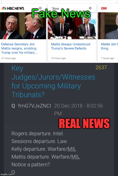Fake News vs Real News | Fake News; REAL NEWS | image tagged in politics,fake news,general mattis,q | made w/ Imgflip meme maker