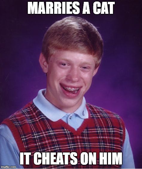 Bad Luck Brian Meme | MARRIES A CAT IT CHEATS ON HIM | image tagged in memes,bad luck brian | made w/ Imgflip meme maker