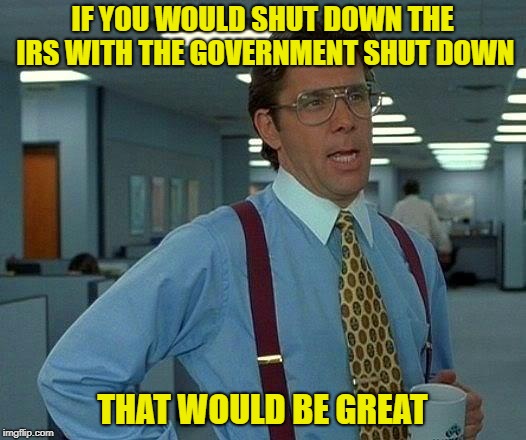 That Would Be Great | IF YOU WOULD SHUT DOWN THE IRS WITH THE GOVERNMENT SHUT DOWN; THAT WOULD BE GREAT | image tagged in memes,that would be great | made w/ Imgflip meme maker