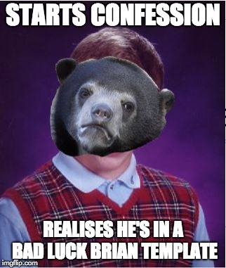 Confession Bear's mistake! | STARTS CONFESSION; REALISES HE'S IN A BAD LUCK BRIAN TEMPLATE | image tagged in bad luck bear,bad luck brian,confession bear,realisation | made w/ Imgflip meme maker