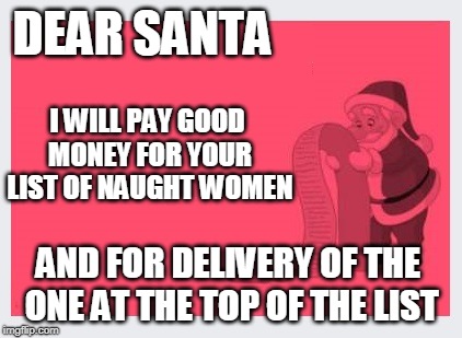 And make it snappy! | DEAR SANTA; I WILL PAY GOOD MONEY FOR YOUR LIST OF NAUGHT WOMEN; AND FOR DELIVERY OF THE ONE AT THE TOP OF THE LIST | image tagged in anti christmas,dear santa,checking twice | made w/ Imgflip meme maker