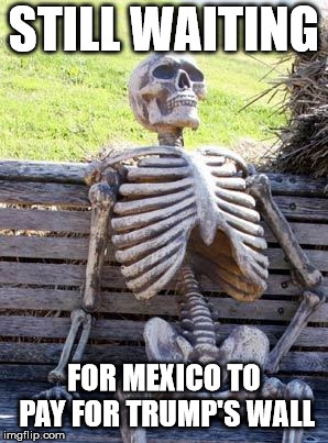 Waiting Skeleton | STILL WAITING; FOR MEXICO TO PAY FOR TRUMP'S WALL | image tagged in memes,waiting skeleton | made w/ Imgflip meme maker