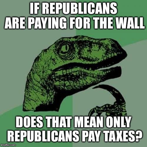 Philosoraptor Meme | IF REPUBLICANS ARE PAYING FOR THE WALL DOES THAT MEAN ONLY REPUBLICANS PAY TAXES? | image tagged in memes,philosoraptor | made w/ Imgflip meme maker