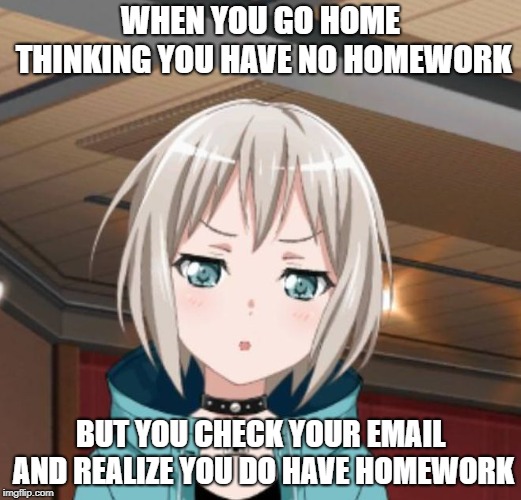 Moca Aoba intensifes | WHEN YOU GO HOME THINKING YOU HAVE NO HOMEWORK; BUT YOU CHECK YOUR EMAIL AND REALIZE YOU DO HAVE HOMEWORK | image tagged in moca aoba intensifes | made w/ Imgflip meme maker