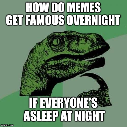 Philosoraptor | HOW DO MEMES GET FAMOUS OVERNIGHT; IF EVERYONE’S ASLEEP AT NIGHT | image tagged in memes,philosoraptor | made w/ Imgflip meme maker