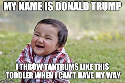Evil Toddler | MY NAME IS DONALD TRUMP; I THROW TANTRUMS LIKE THIS TODDLER WHEN I CAN'T HAVE MY WAY | image tagged in memes,evil toddler | made w/ Imgflip meme maker