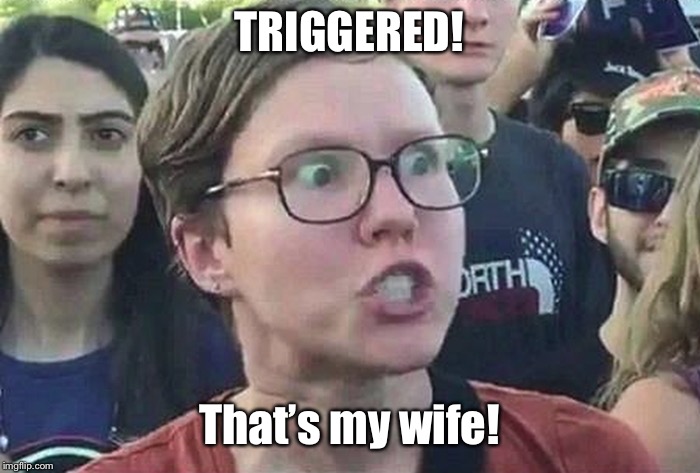 Triggered Liberal | TRIGGERED! That’s my wife! | image tagged in triggered liberal | made w/ Imgflip meme maker