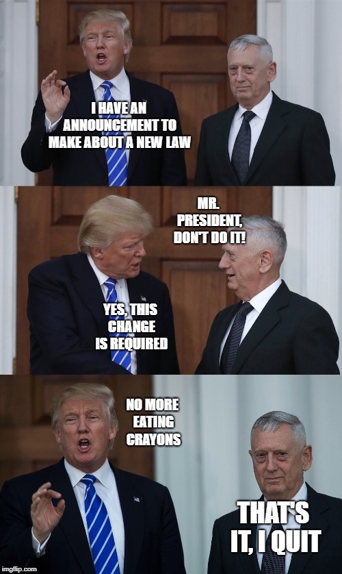 I quit | I HAVE AN ANNOUNCEMENT TO MAKE ABOUT A NEW LAW; MR. PRESIDENT, DON'T DO IT! YES, THIS CHANGE IS REQUIRED; NO MORE EATING CRAYONS; THAT'S IT, I QUIT | image tagged in trump and mattis,mattis,trump,crayons,marine,marines | made w/ Imgflip meme maker