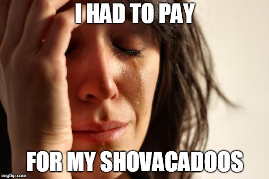 First World Problems Meme | I HAD TO PAY; FOR MY SHOVACADOOS | image tagged in memes,first world problems | made w/ Imgflip meme maker