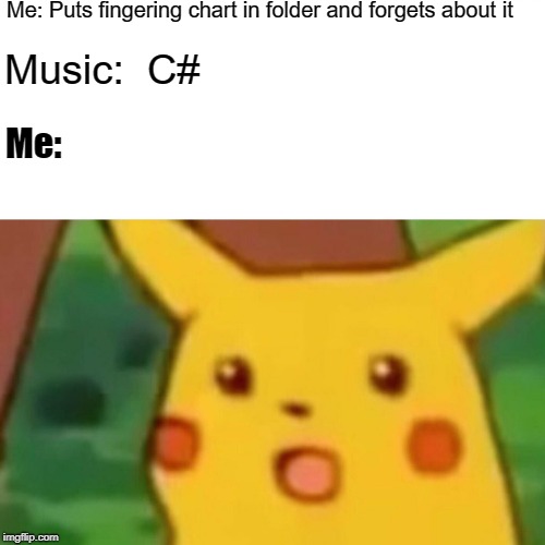Surprised Pikachu | Me: Puts fingering chart in folder and forgets about it; Music:  C#; Me: | image tagged in memes,surprised pikachu | made w/ Imgflip meme maker