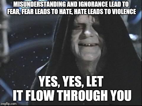 Yess.. Let the hate flow through you | MISUNDERSTANDING AND IGNORANCE LEAD TO FEAR, FEAR LEADS TO HATE, HATE LEADS TO VIOLENCE; YES, YES, LET IT FLOW THROUGH YOU | image tagged in yess let the hate flow through you | made w/ Imgflip meme maker