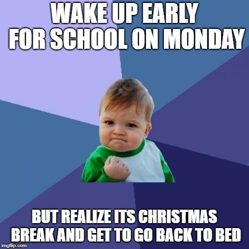 Success Kid Meme | WAKE UP EARLY FOR SCHOOL ON MONDAY; BUT REALIZE ITS CHRISTMAS BREAK AND GET TO GO BACK TO BED | image tagged in memes,success kid | made w/ Imgflip meme maker